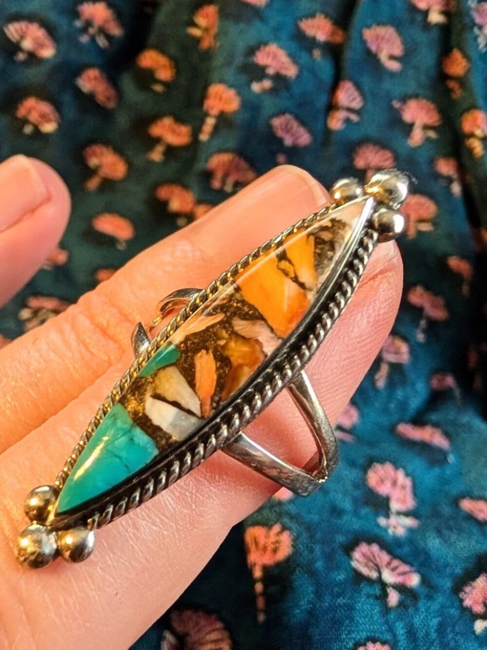 Santa Fe Style Spiny Oyster & Turquoise Sterling Silver Elongated Ring Size 6